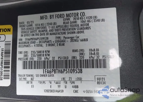 2023 Ford Mustang Ecoboost Premium Fastback из США, поврежденный, VIN 1FA6P8TH6P5109538